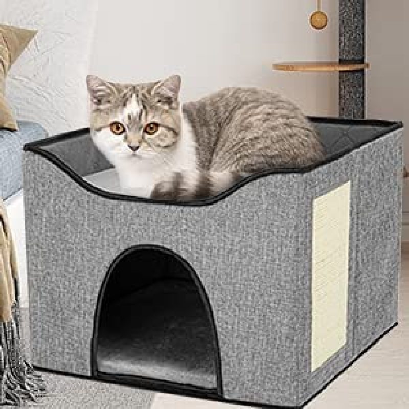 Foldable Fabric Cat Dog Cushion Bed House Removable Cave Tent  Nest Mat Hooded Pet Bed with Scratch Pad Burrow Hut Pet Condo