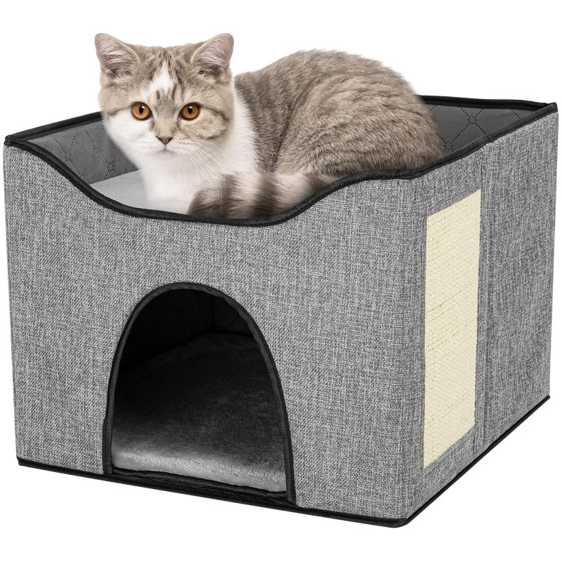 Foldable Fabric Cat Dog Cushion Bed House Removable Cave Tent  Nest Mat Hooded Pet Bed with Scratch Pad Burrow Hut Pet Condo