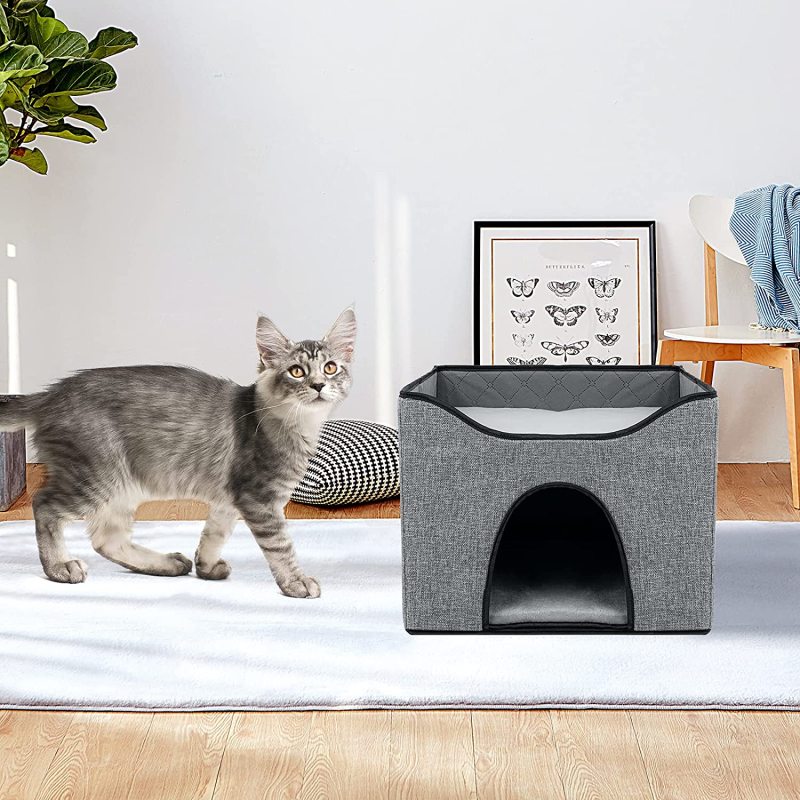 Foldable Fabric Cat Dog Cushion Bed House Removable Cave Tent  Nest Mat Hooded Pet Bed with Scratch Pad Burrow Hut Pet Condo
