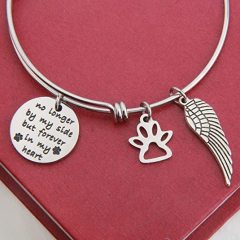 Pet Memorial Gift No Longer by My Side But Forever in My Heart Bracelet with Paw Print Angel Wing Charms in Memory of Pet