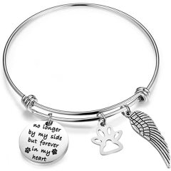 Pet Memorial Gift No Longer by My Side But Forever in My Heart Bracelet with Paw Print Angel Wing Charms in Memory of Pet