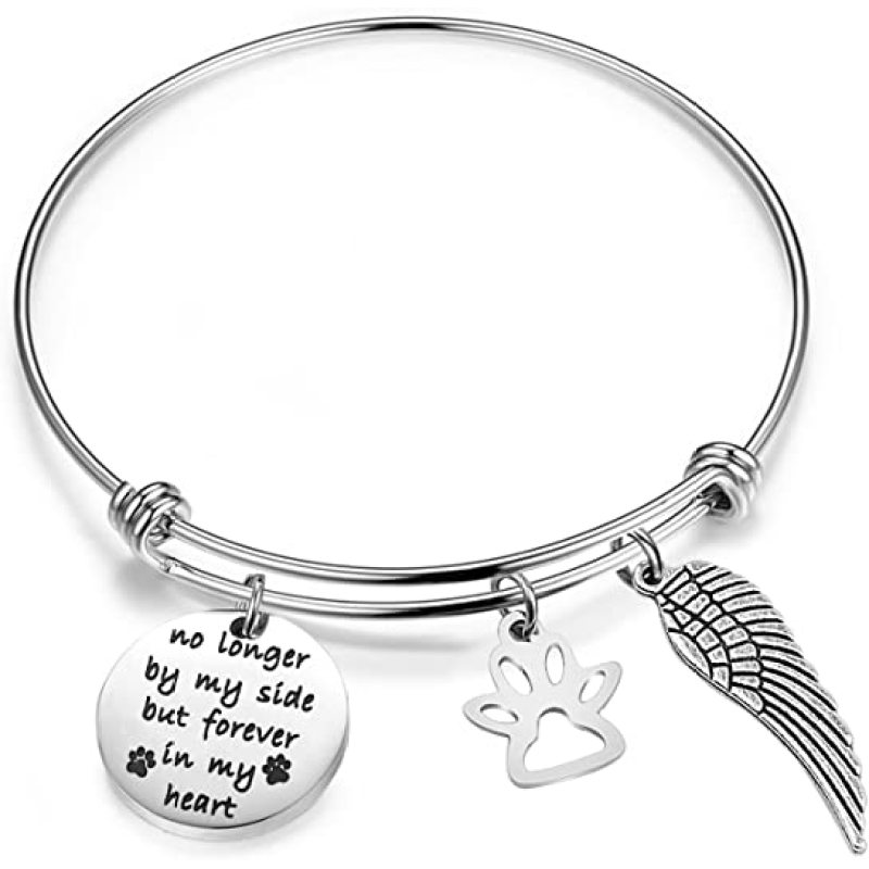 Pet Memorial Gift No Longer by My Side But Forever in My Heart Bracelet with Paw Print Angel Wing Charms in Memory of Pet