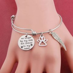 Pet Memorial Gift No Longer by My Side But Forever in My Heart Bracelet with Paw Print Angel Wing Charms in Memory of Pet