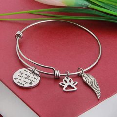 Pet Memorial Gift No Longer by My Side But Forever in My Heart Bracelet with Paw Print Angel Wing Charms in Memory of Pet