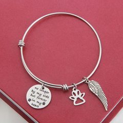 Pet Memorial Gift No Longer by My Side But Forever in My Heart Bracelet with Paw Print Angel Wing Charms in Memory of Pet