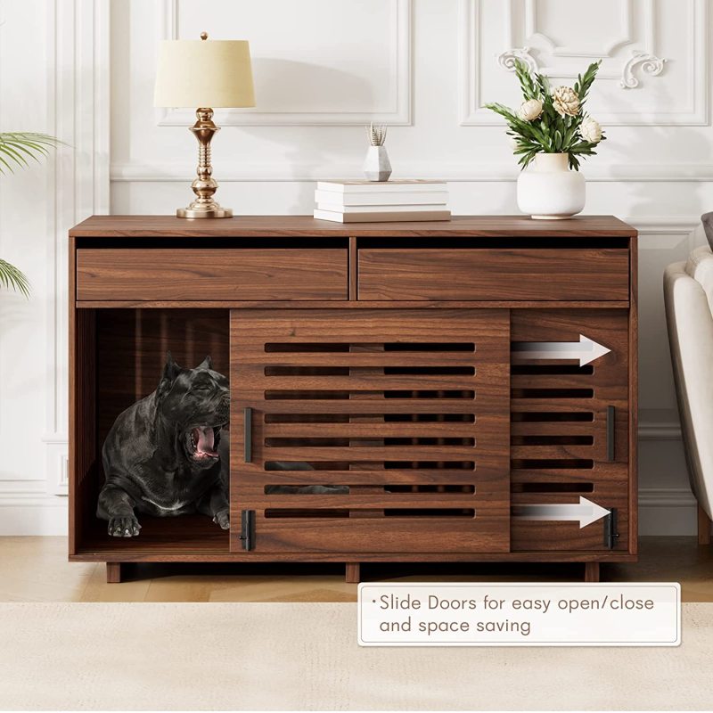 Dog Crate Furniture for Two Dogs Heavy-Duty Wooden Dog Cage with Double Slide Doors
