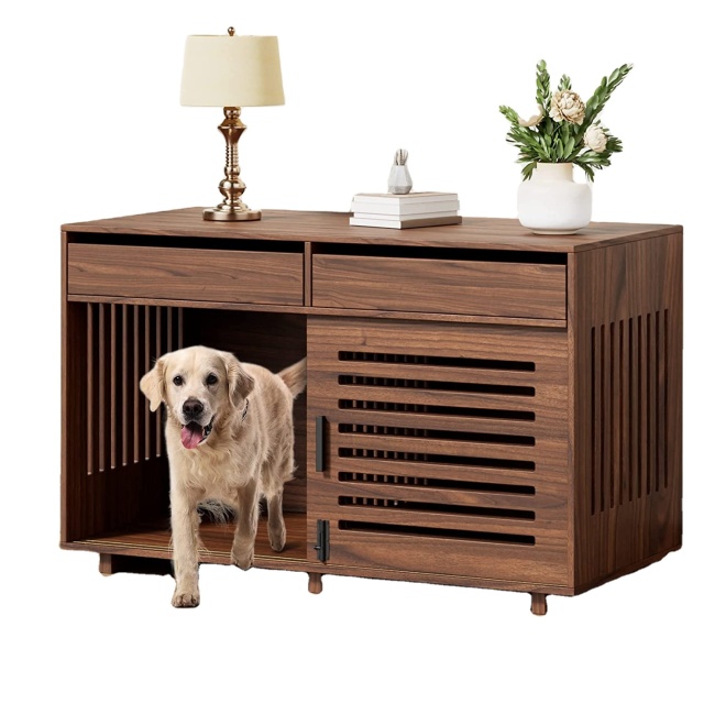 Dog Crate Furniture for Two Dogs Heavy-Duty Wooden Dog Cage with Double Slide Doors