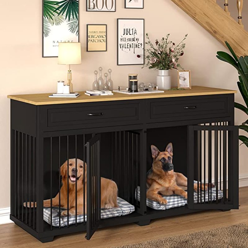 Wooden Dog Crate Kennel with 2 Drawers Dog Crates Cage Furniture for Indoor Wooden Dog Cage