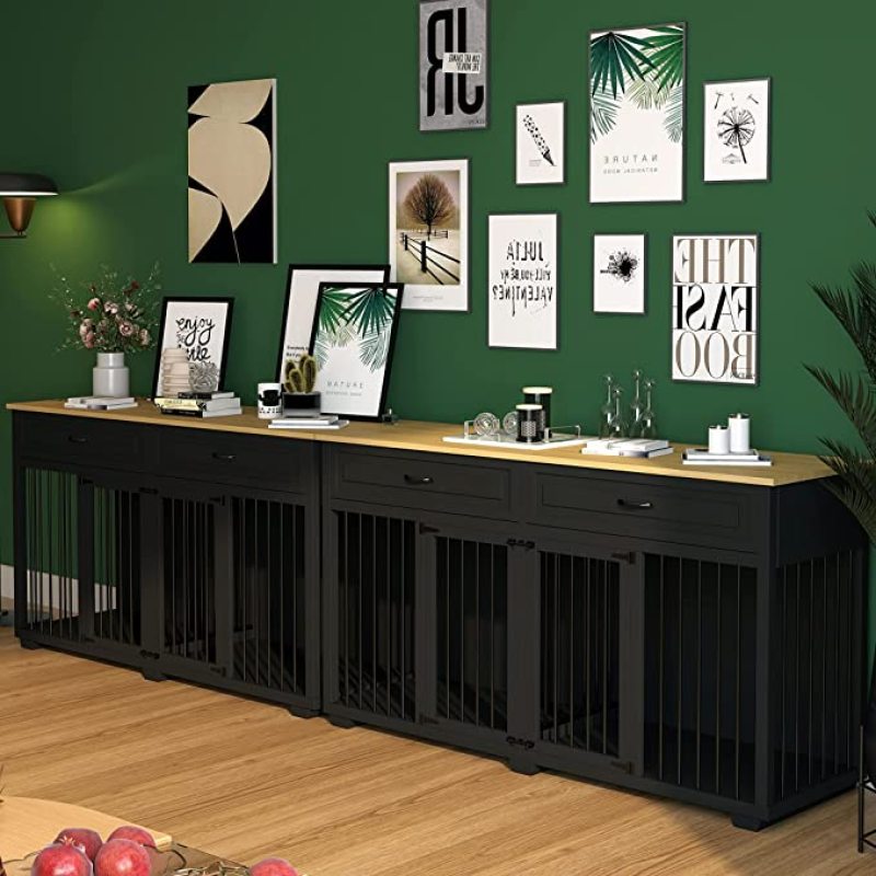 Wooden Dog Crate Kennel with 2 Drawers Dog Crates Cage Furniture for Indoor Wooden Dog Cage