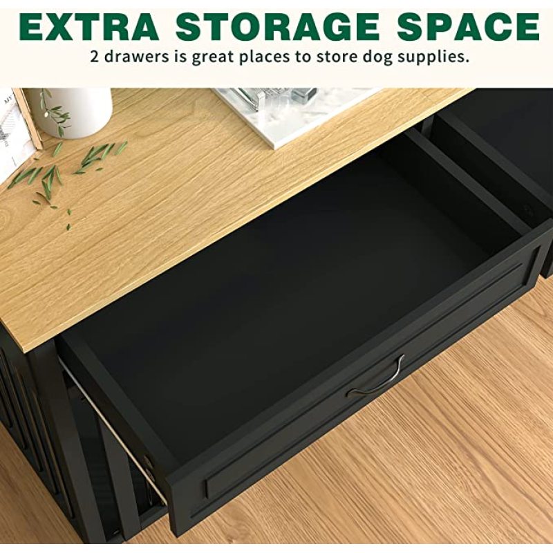 Wooden Dog Crate Kennel with 2 Drawers Dog Crates Cage Furniture for Indoor Wooden Dog Cage