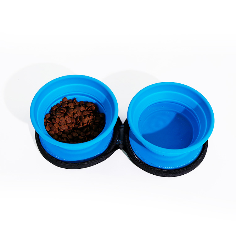Silicone Collapsible Pet Food Bowls set Outdoor Folding Pet Bowls Silicone Foldable Double Pet Bowls for Travel