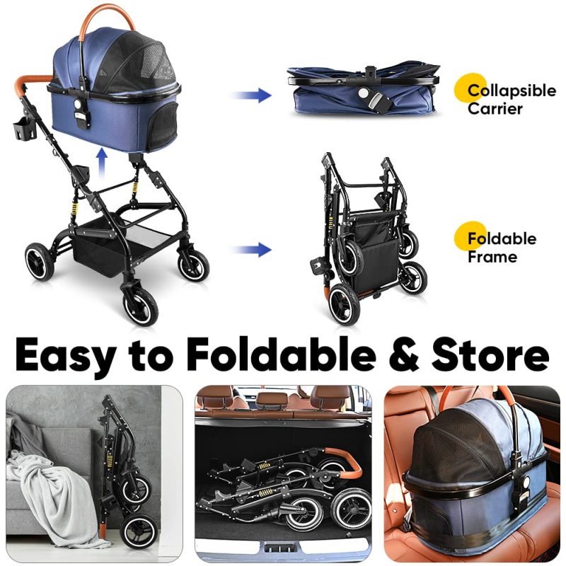 Dog Stroller with Detachable Carrier or Car Seat Suitable for 2 Small or Medium Dogs or Cats Easy Folding and Sturdy Stainless