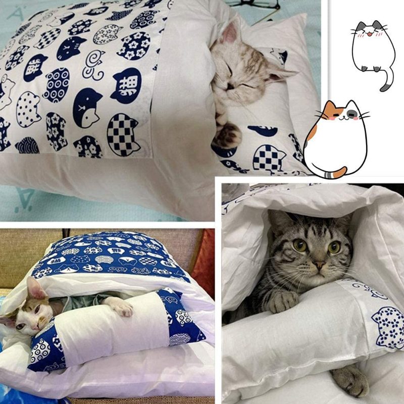 Self Warming Cat Dog Cushion Bed Pad Sack With Pillow Calming Cave Sleeping Bag Nest Hooded Pet Bed Burrow Hut Pet Bed Mat