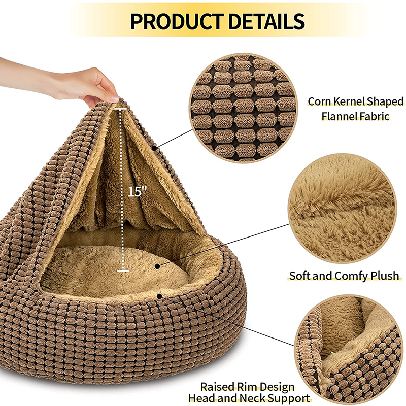 Small Dog Bed with Blanket Anti-Anxiety Hooded Pet Bed Calming Cave Bed