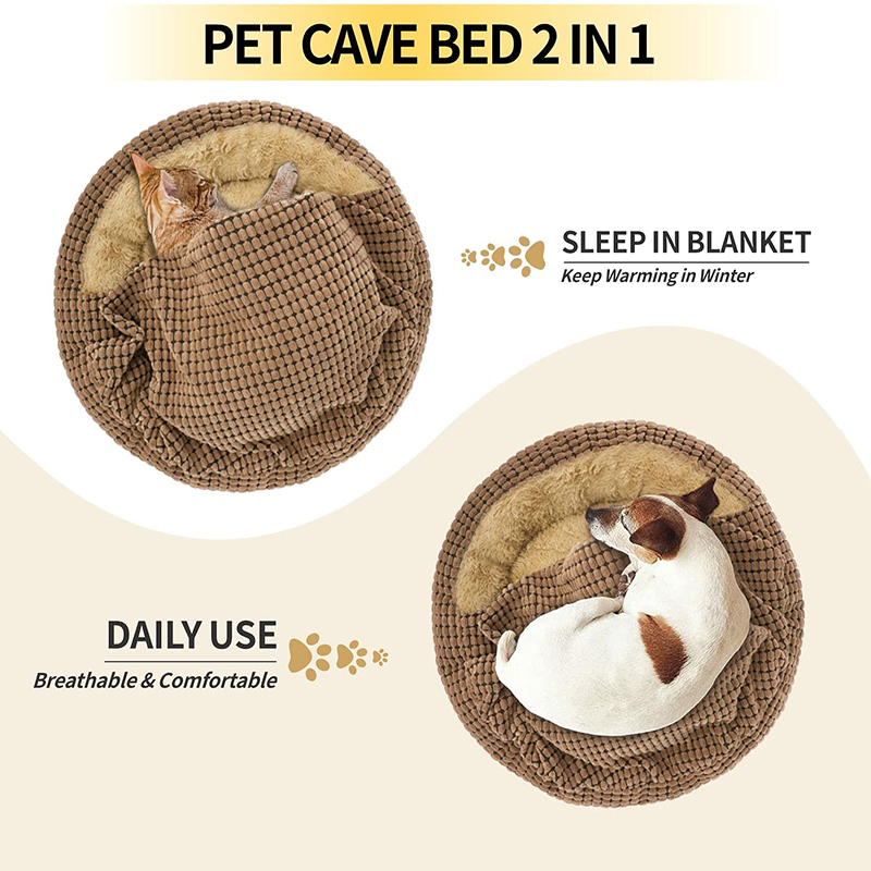 Small Dog Bed with Blanket Anti-Anxiety Hooded Pet Bed Calming Cave Bed