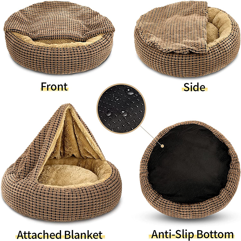 Small Dog Bed with Blanket Anti-Anxiety Hooded Pet Bed Calming Cave Bed