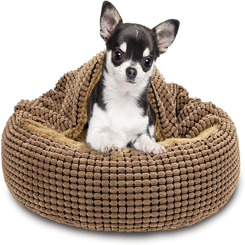 Small Dog Bed with Blanket Anti-Anxiety Hooded Pet Bed Calming Cave Bed