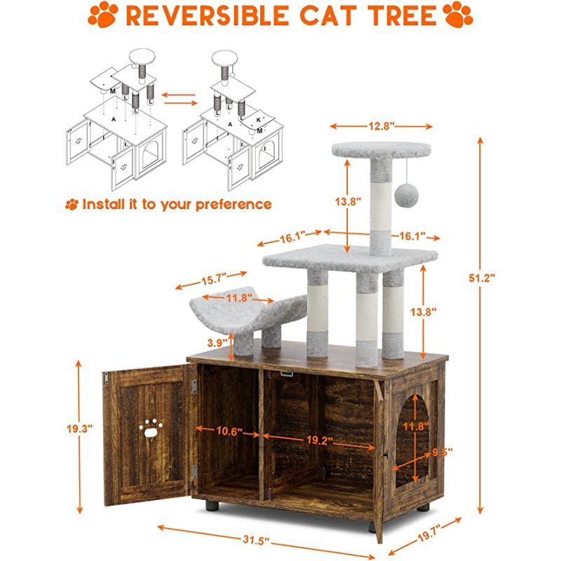Scratching Post and Condo Cat Litter Box Furniture Cat Washroom Furniture with Cat Tree Tower