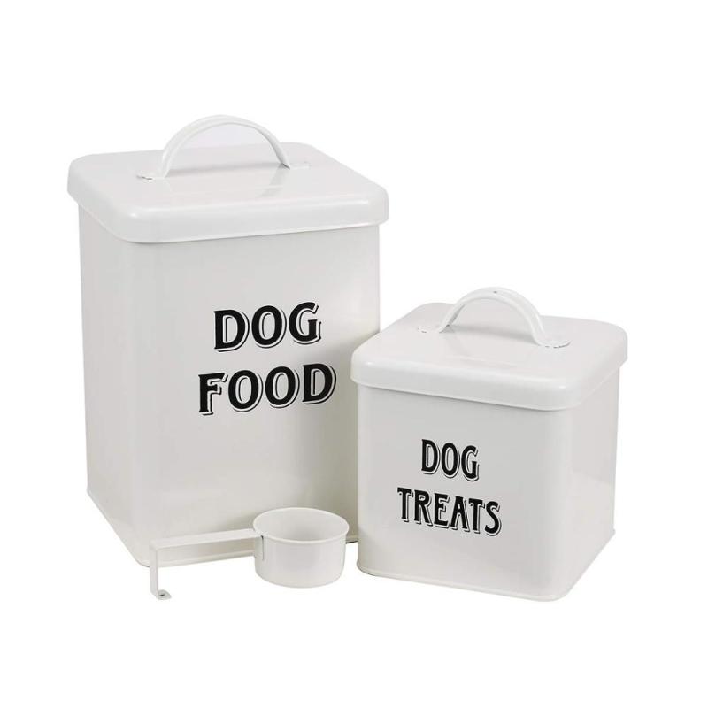Pet Food and Treats Containers Set with Scoop for Cats or Dogs  Beige Powder Coated Carbon Steel Storage Canister Tins