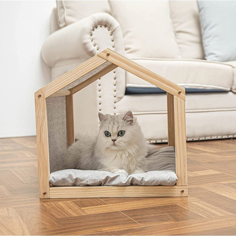 Cat House with Mat Indoor Cat Condo Cat Tent Solid Wood Frame and Cover with Durable Cloth