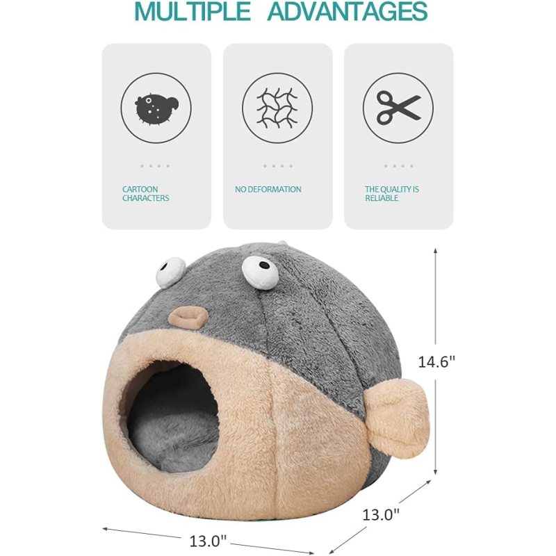 Cat Bed Cave with Removable Washable Cushioned Pillow, Soft Plush Premium Cotton No Deformation Pet Bed, Lively Pufferfish Cat H