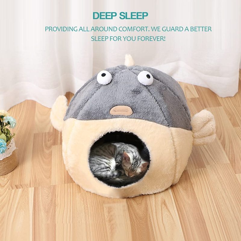 Cat Bed Cave with Removable Washable Cushioned Pillow, Soft Plush Premium Cotton No Deformation Pet Bed, Lively Pufferfish Cat H