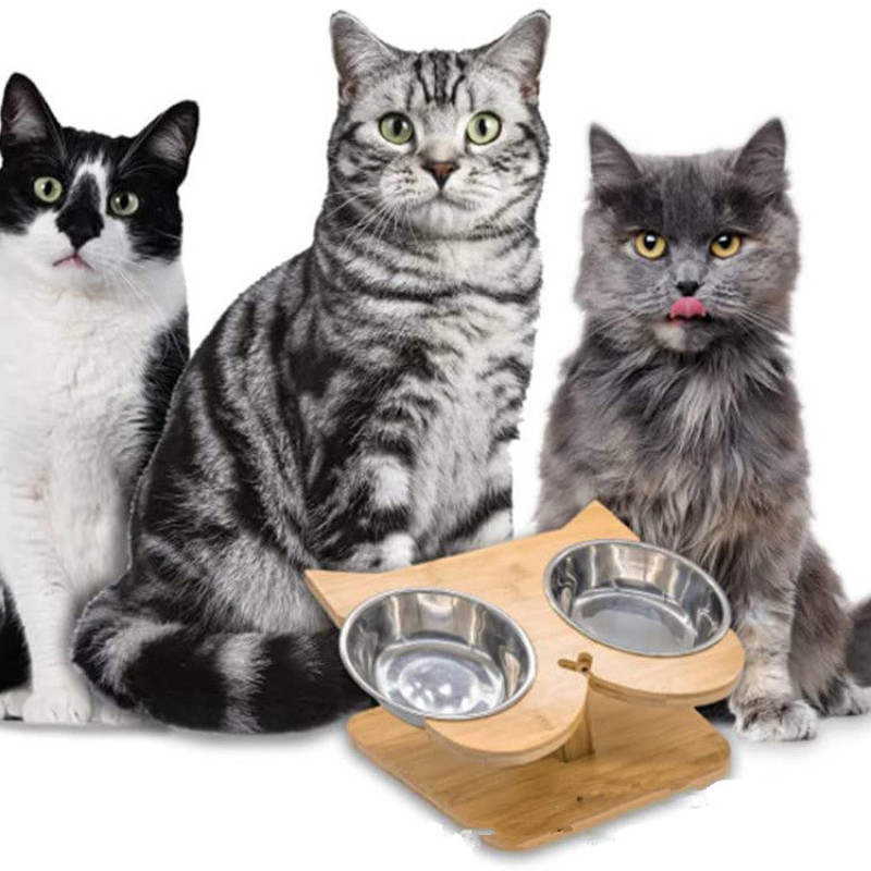Cat Feeder Bowl Stand Wooden Dog Small Pet Food Set