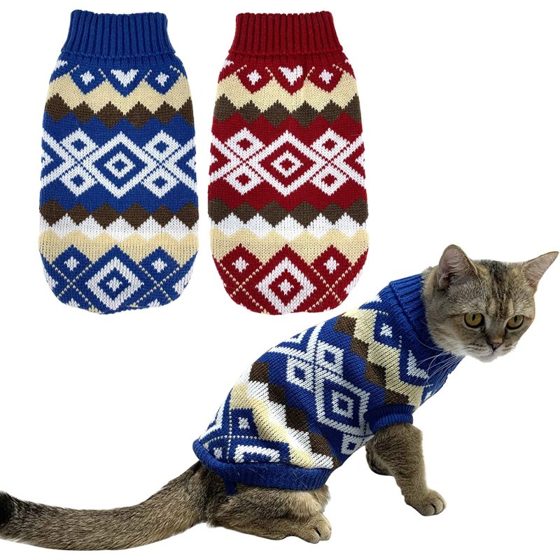 Cat Christmas Sweater Dog Christmas Sweater Cat Knitwear Xmas Clothes Blue Christmas Red Sweaters with Diamond Plaid Pattern