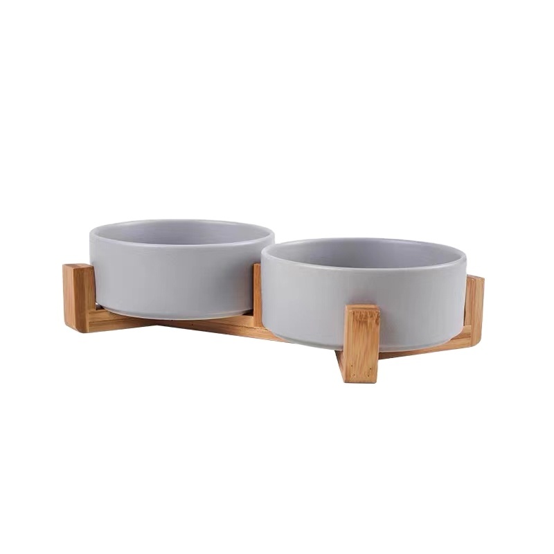 Double Cat Bowls, Puppy Ceramic Food and Water Bowls Set, Indoors White Pet Bowls with Wood Stand