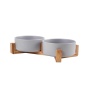 Double Cat Bowls, Puppy Ceramic Food and Water Bowls Set, Indoors White Pet Bowls with Wood Stand