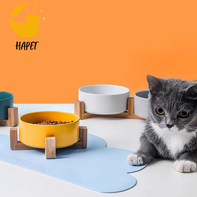 Double Cat Bowls, Puppy Ceramic Food and Water Bowls Set, Indoors White Pet Bowls with Wood Stand