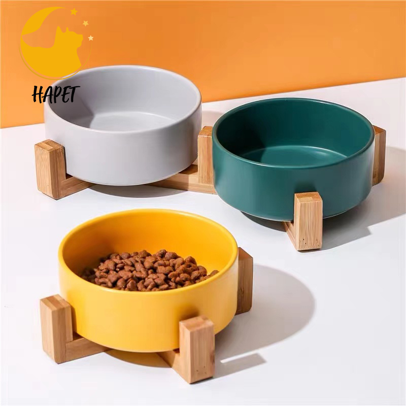 Double Cat Bowls, Puppy Ceramic Food and Water Bowls Set, Indoors White Pet Bowls with Wood Stand