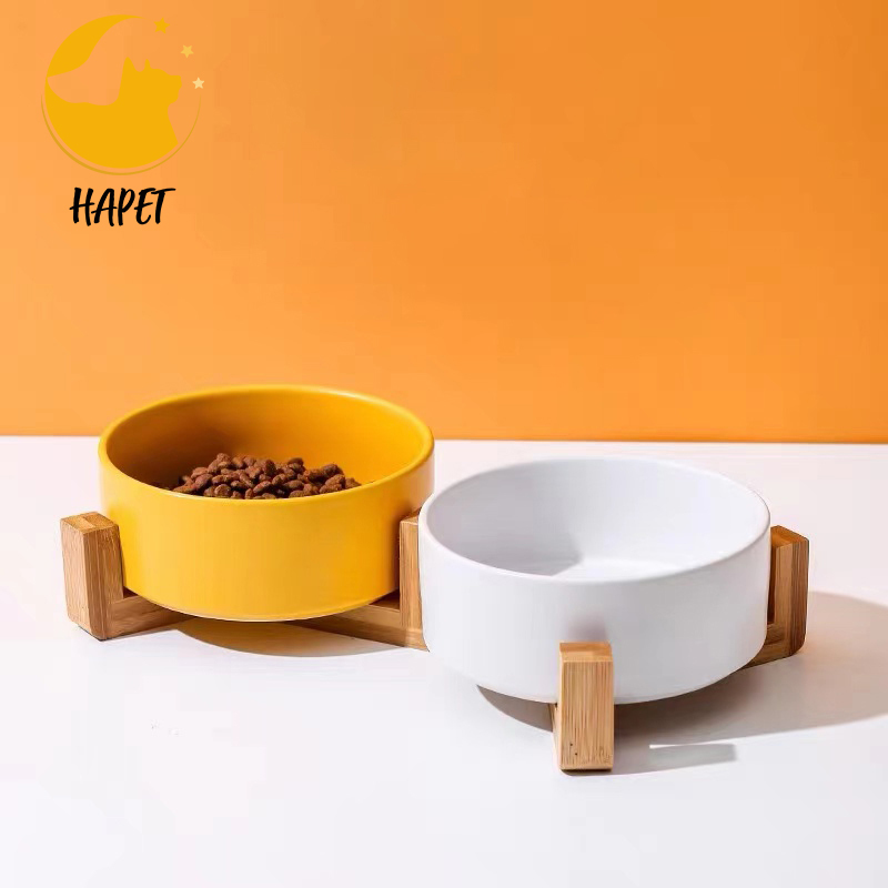 Double Cat Bowls, Puppy Ceramic Food and Water Bowls Set, Indoors White Pet Bowls with Wood Stand