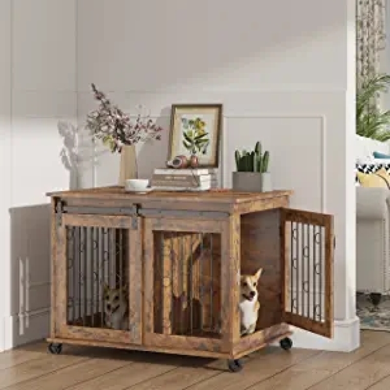 Sliding Door Dog Cage with Partition for Two Puppies Decorative Pet Crate Dog House Indoor Use Dog Crate Furniture End Table