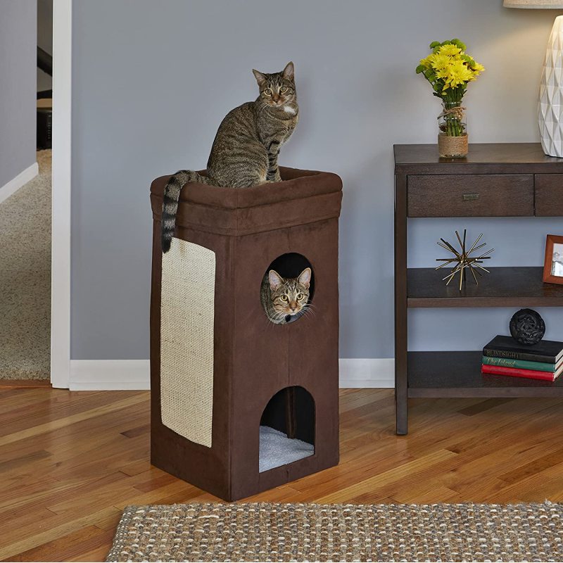 Tri-Level Design in Brown Faux Cat Condo Suede & Synthetic Sheepskin