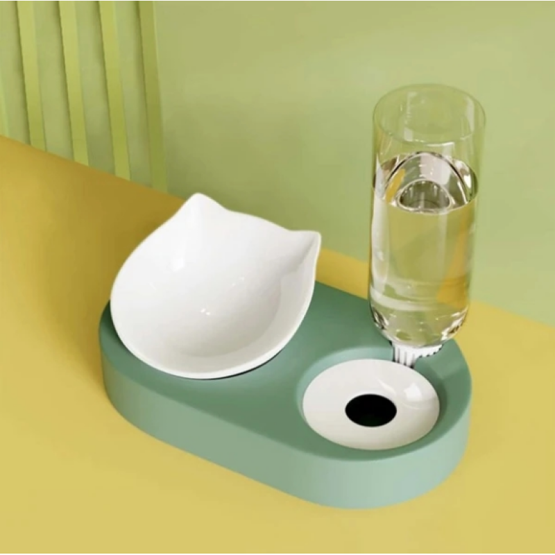 Kitten Pet Bowl With Drinking Bottle Double bowl set Protect the Cervical Spine