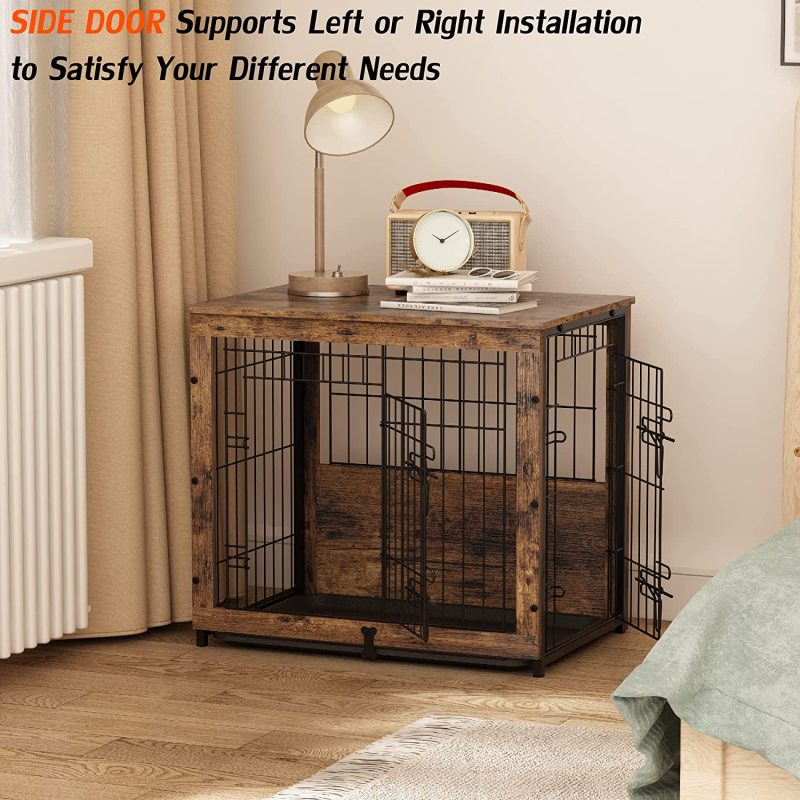 Wooden Dog Crate Furniture with Cushion&Tray for Small Medium Large Dogs, Dog Crate End Table Furniture Style, Double Doors