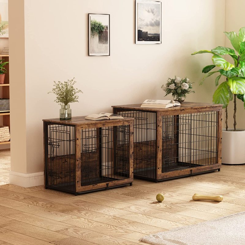 Wooden Dog Crate Furniture with Cushion&Tray for Small Medium Large Dogs, Dog Crate End Table Furniture Style, Double Doors