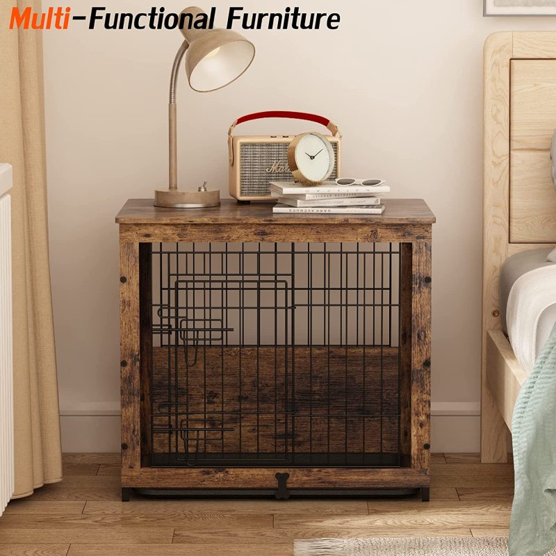 Wooden Dog Crate Furniture with Cushion&Tray for Small Medium Large Dogs, Dog Crate End Table Furniture Style, Double Doors