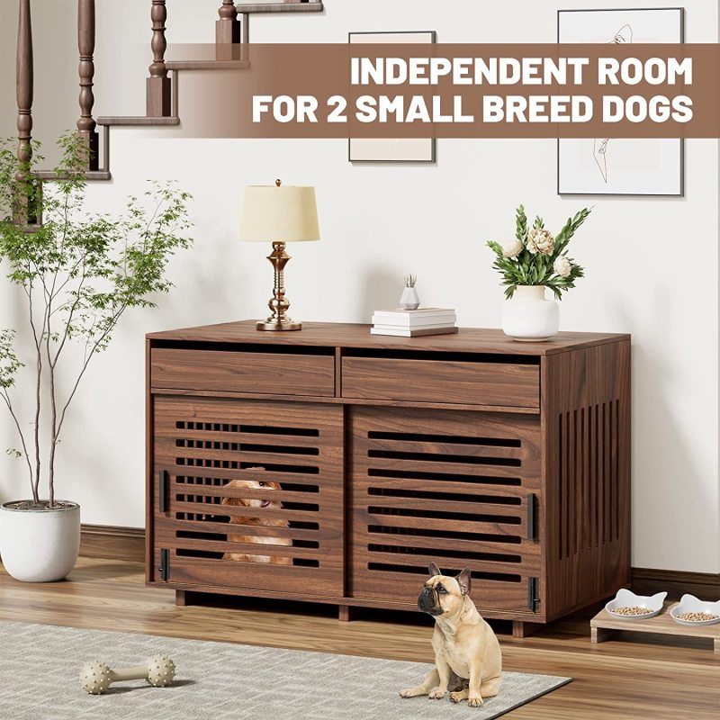 Dog Crate Furniture for Two Dogs, Heavy-Duty Wooden Dog Cage with Double Slide Doors, End Table Dog House Crates for Indoor Use