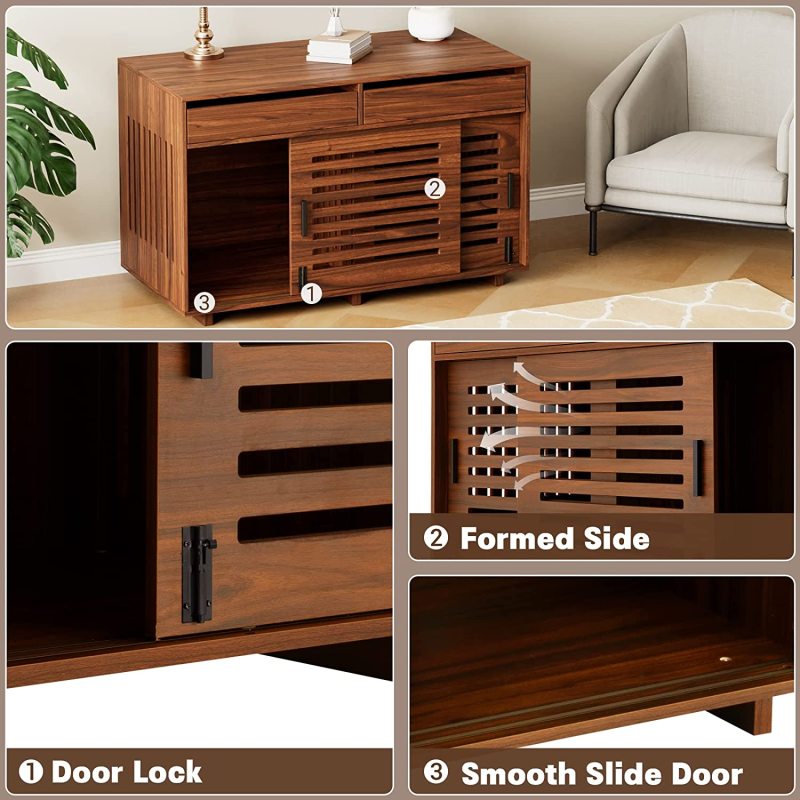 Dog Crate Furniture for Two Dogs, Heavy-Duty Wooden Dog Cage with Double Slide Doors, End Table Dog House Crates for Indoor Use