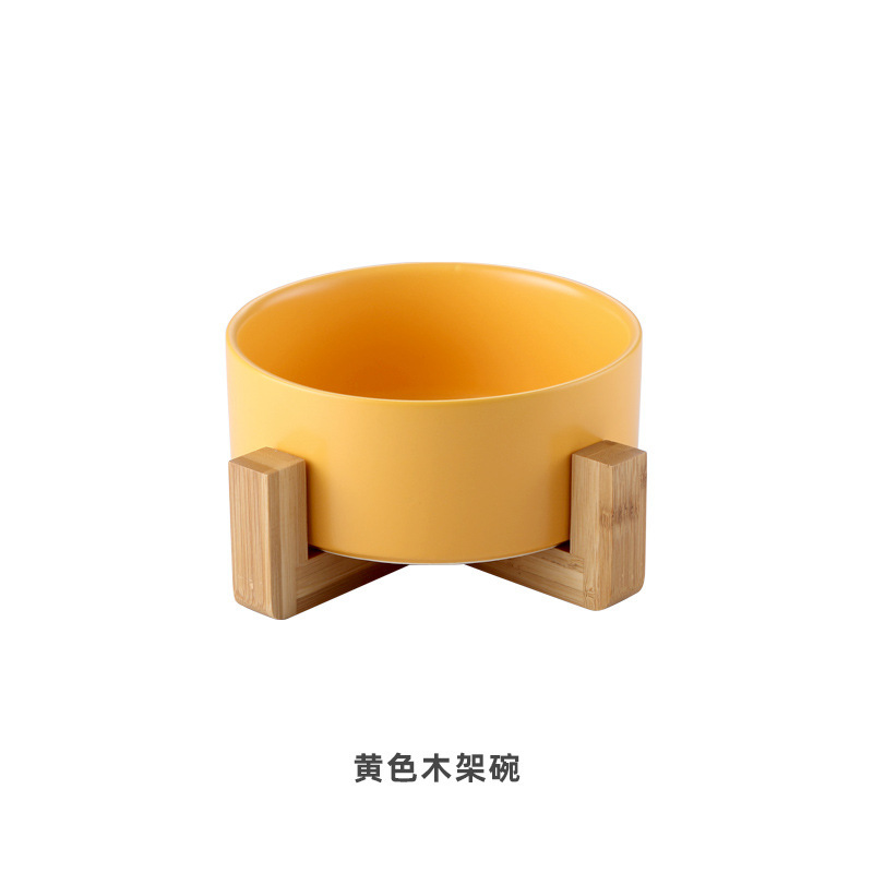 Wooden Cat Bowl Stand Raised Food Water Dog Basic Bowl with Anti-Slip Multifunctional Matching Wooden Frame Ceramic Pet Dog Bowl