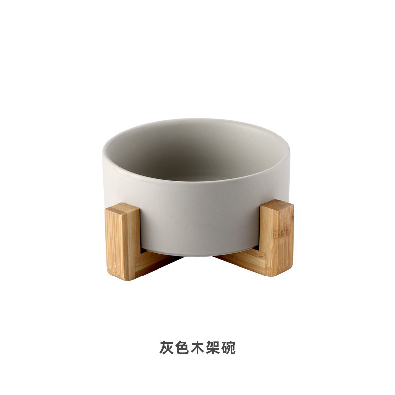 Wooden Cat Bowl Stand Raised Food Water Dog Basic Bowl with Anti-Slip Multifunctional Matching Wooden Frame Ceramic Pet Dog Bowl