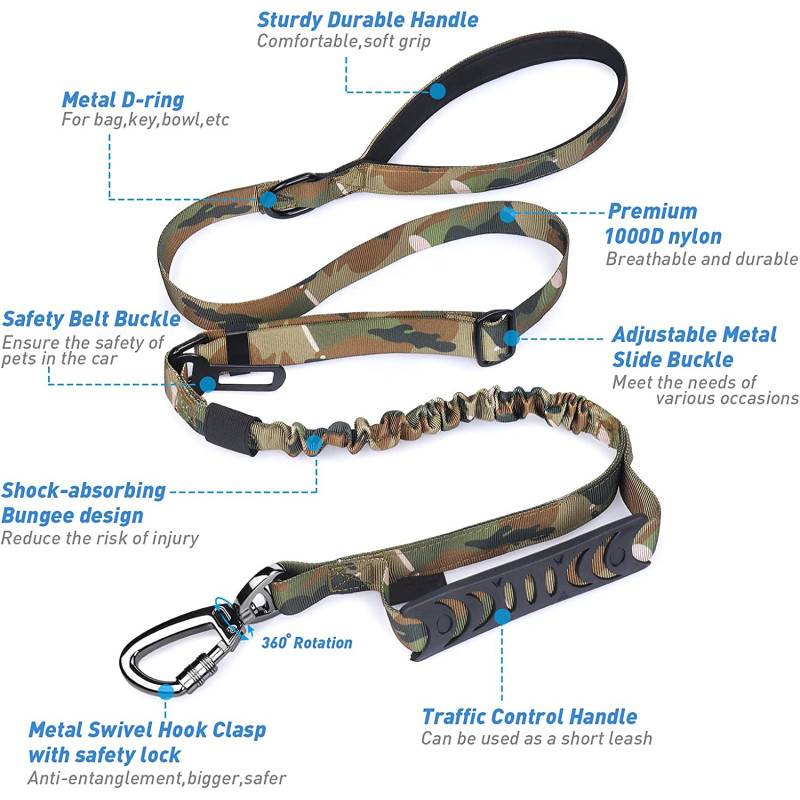 Absorbing Retractable Strong Military Dog Leashes with Car Seat Belt for Large Dogs