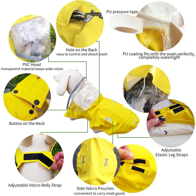 Yellow Waterproof Dog Raincoat Adjustable Reflective Lightweight