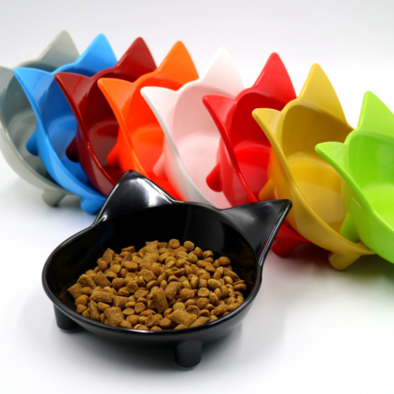 High Quality Anti-skid pet supplies cat type color melamine plastic pet food bowl Cute cat ears cat bowl