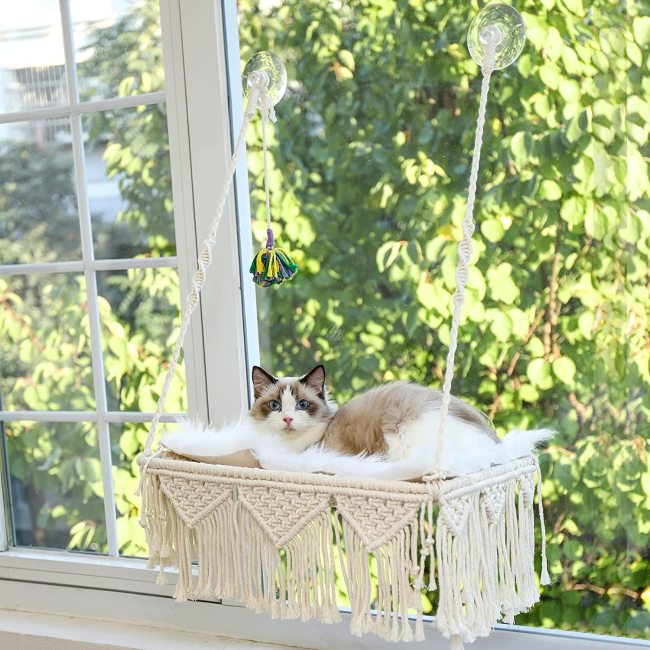 Weave Space Saving Cat Window Hammock Macrame Mounted Bed with 4 Seat Suction Cups
