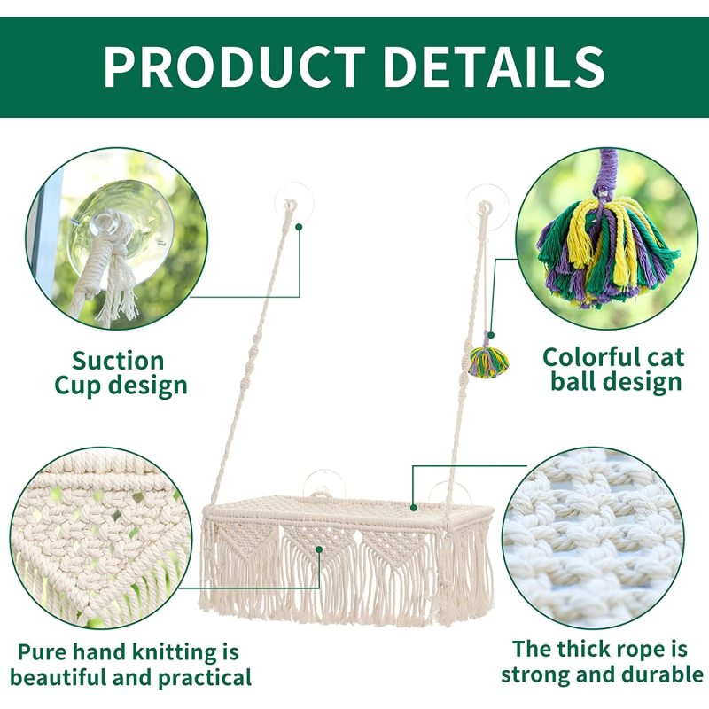 Weave Space Saving Cat Window Hammock Macrame Mounted Bed with 4 Seat Suction Cups