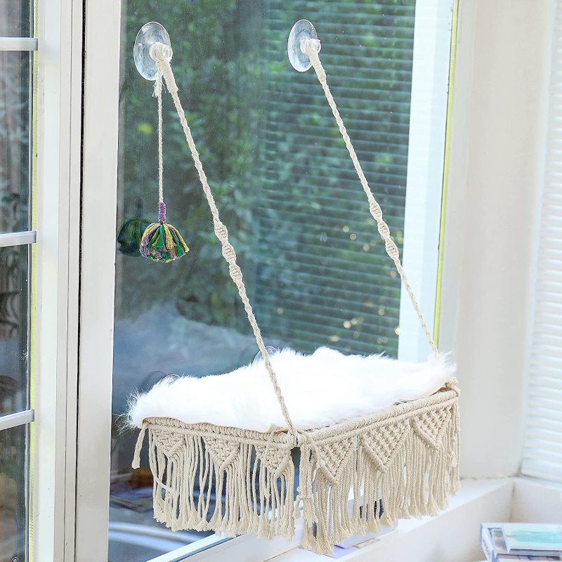 Weave Space Saving Cat Window Hammock Macrame Mounted Bed with 4 Seat Suction Cups