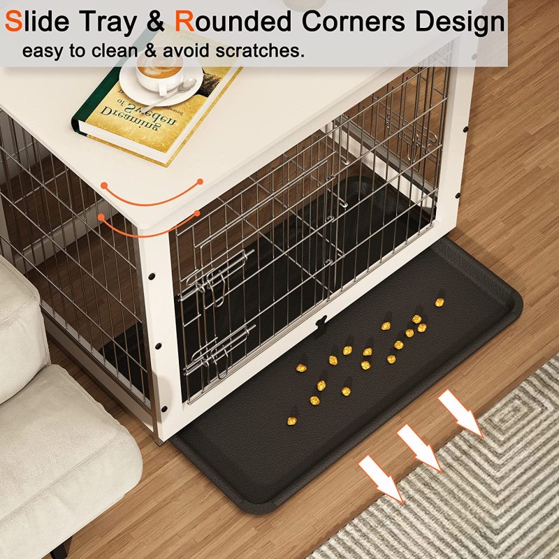 Wooden Dog Crate Furniture with Divider Panel, Dog Crate End Table with Fixable Slide Tray, Double Doors Dog Kennel Indoor Furni